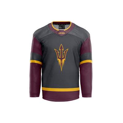 ASU grey hockey jersey. most of the arms and the bottom section of the top is maroon. there is a gold strip on each arm and around the waist. the shoulder to armpit section is also in maroon and on the from is a pitchfork logo in maroon outlined in