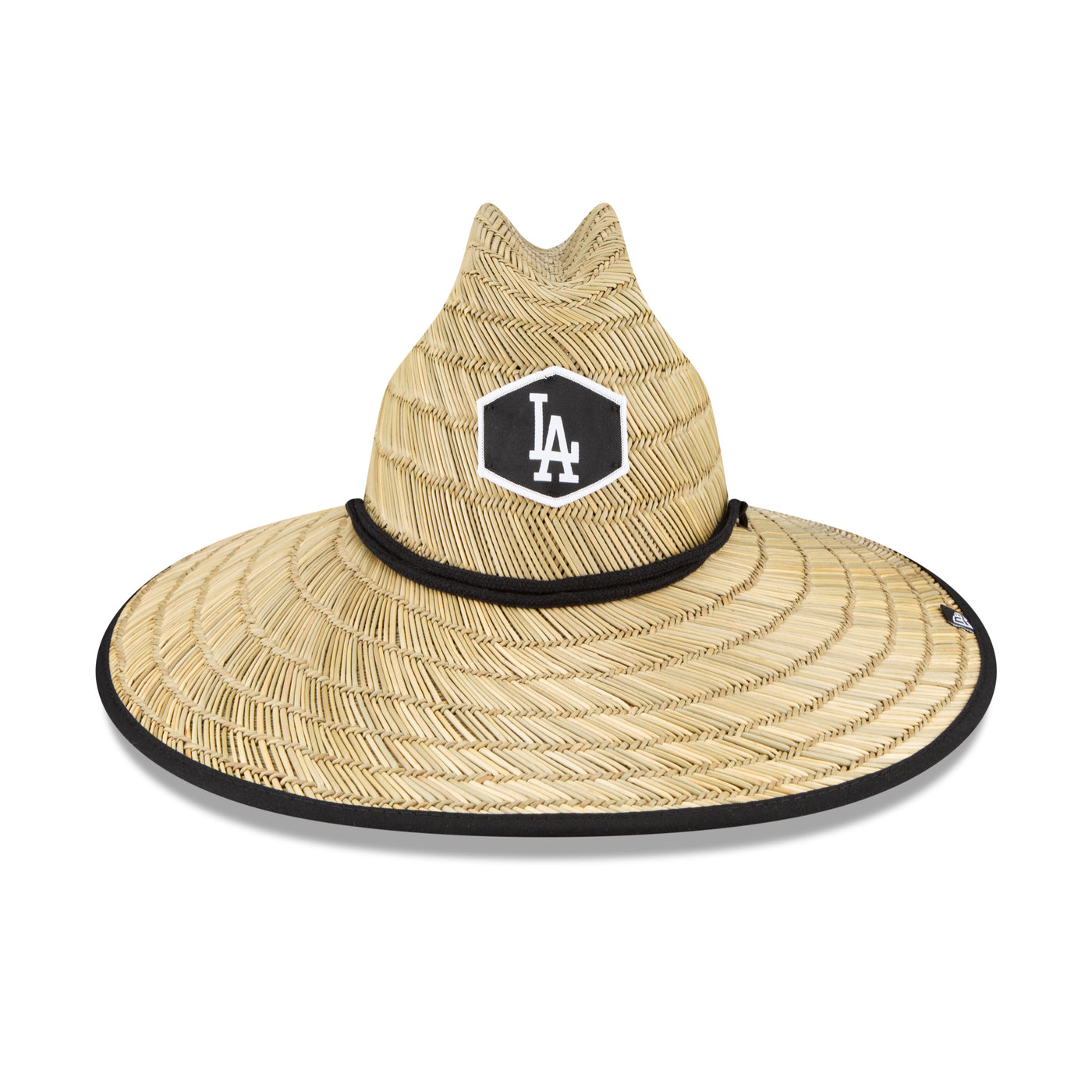 Straw hat with black chin strap, black brim, and a Dodgers patch on the front