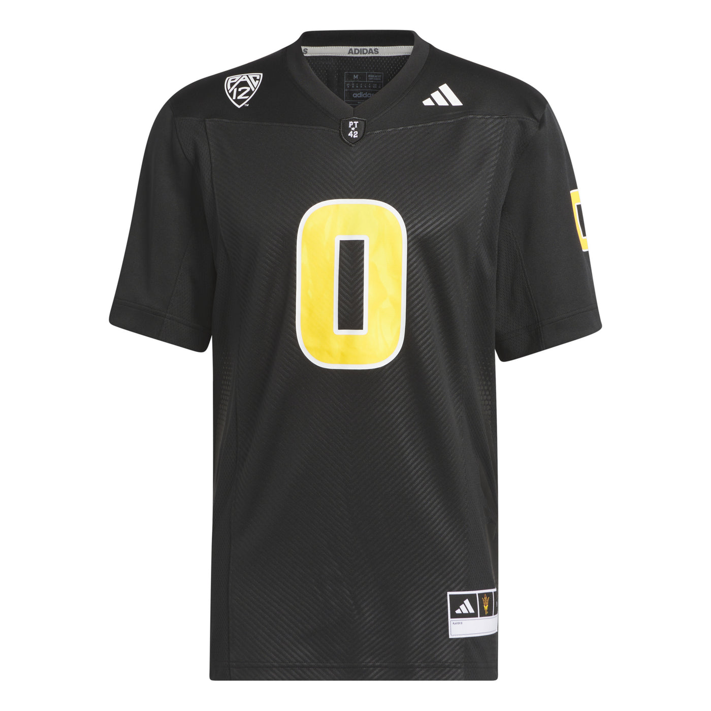 ASU black football jersey with gold number 0 outlined in white. Pac 12 logo and adidas logo both in white on either shoulders.