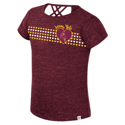 ASU toddler girls maroon t-shirt with 5 stripes of small hearts alternating between gold and white. A heart outline with the sparky mascot inside and above is the cursive gold text "Arizona State"