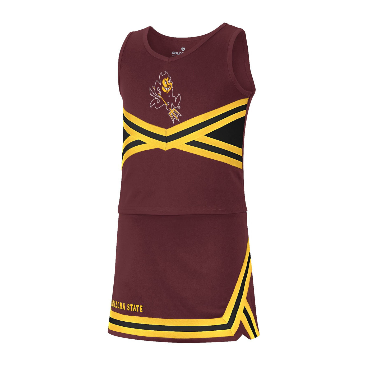 ASU maroon cheer uniform featuring ASU's sparky logo on the chest.  It also features black and gold stripes on the top and skirt. Skirt includes small arizona state text above the hem. 