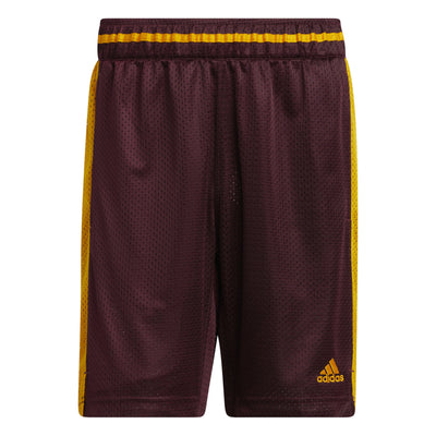 ASU maroon mesh shorts with a gold stripe on the waistband and a gold stripe down the side of the leg. a smal adidas logo in gold on the bottom corner.