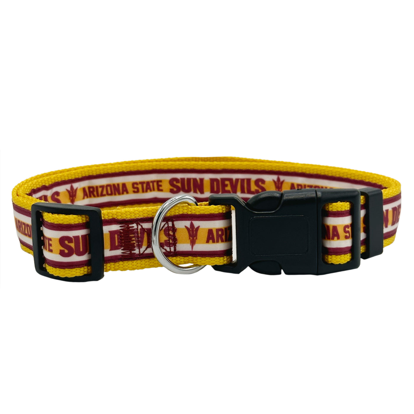 ASU striped dog collar with the colors white, maroon, and gold. The text 