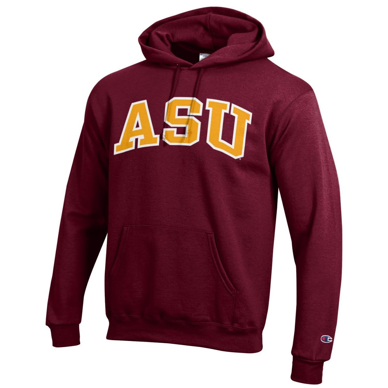 ASU maroon champion hoodie with ASU stitched across chest in gold.