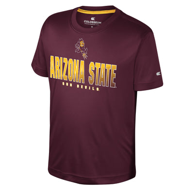 ASU maroon youth t-shirt. The text "Arizona State" large across the front with an ombre of gold to maroon coloring outlined in white. Below is the text "Sun Devils" in white outlined in golf=d. Above all text is a small sparky mascot.