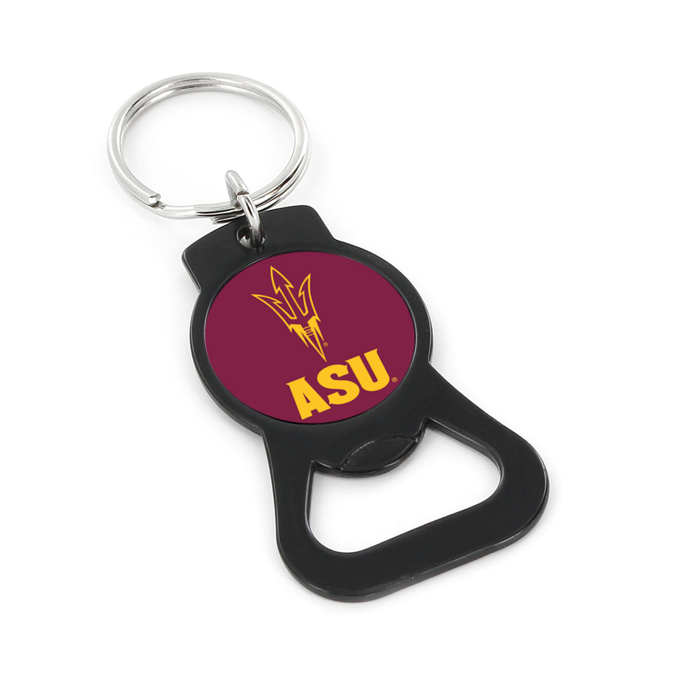 ASU black and maroon bottle opener keychain with a pitchfork and 'ASU' lettering