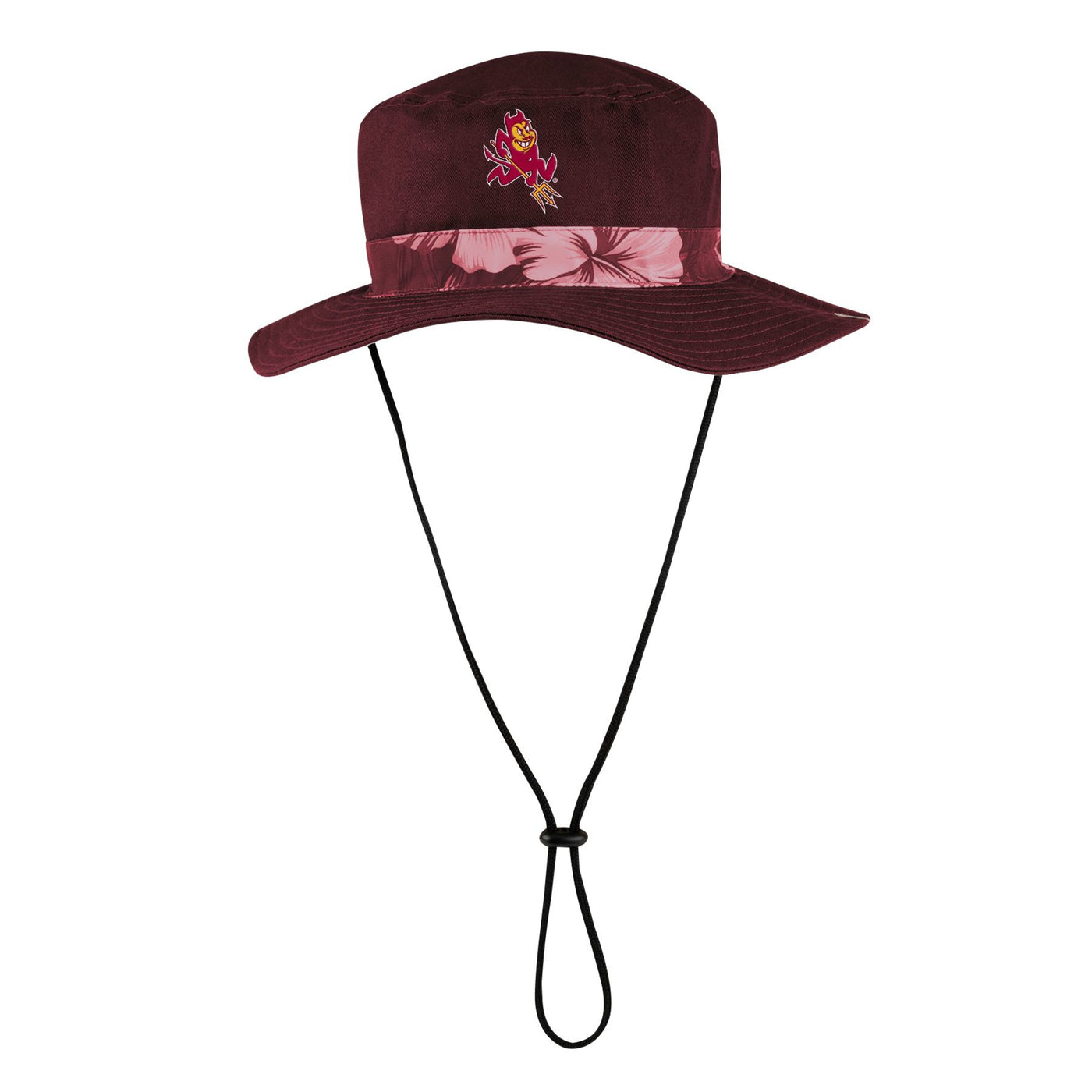 ASU maroon bucket hat with a Hawaiian floral pattern also maroon in a stripe around the hat and a small sparky mascot at the front.