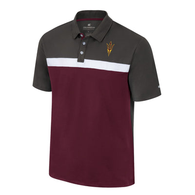 ASU multi-colored mens polo. Grey colored on shoulder and arms, white stripe across center of chest and maroon from below the white strip to the bottom of the shirt. There is also a Pitchfork logo on the chest.