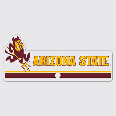 A sign with Sparky and "Arizona State" spelled in gold. Both underlined by a gold and maroon line.