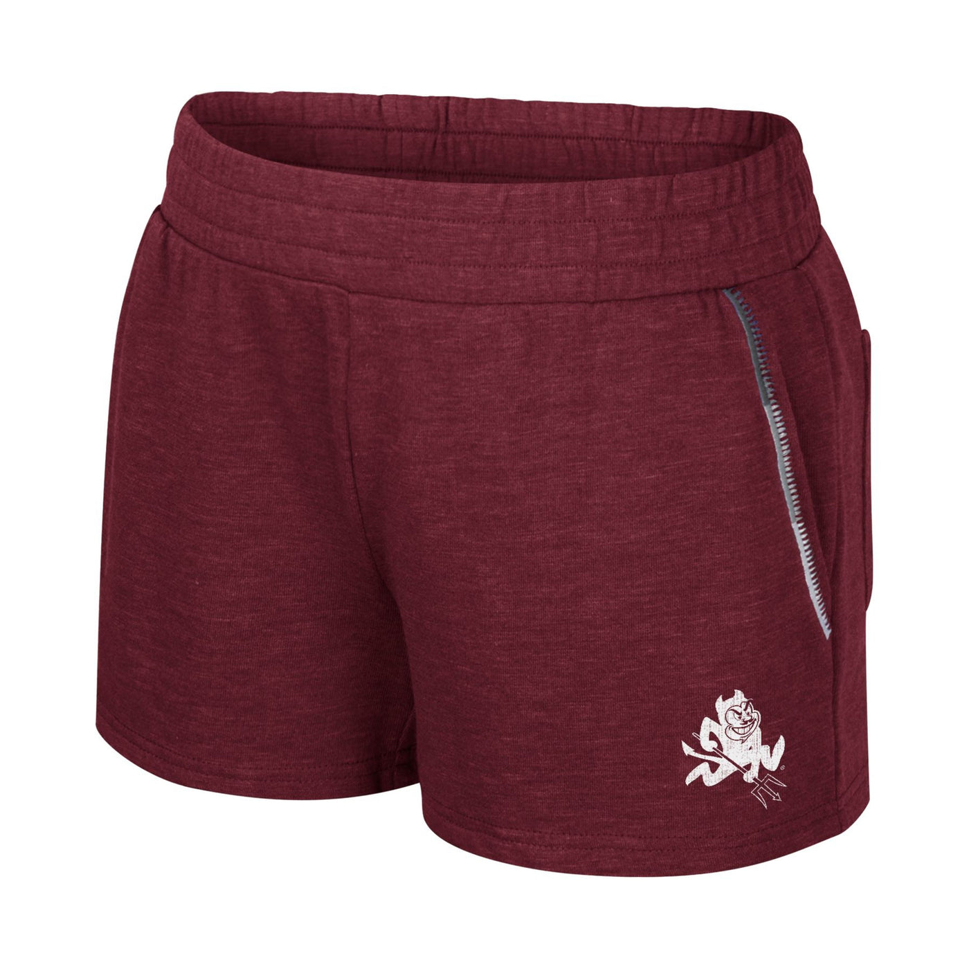 ASU women's maroon shorts with a small white sparky mascot on the bottom of the left leg. The pocket is lined with an ombre from grey to light grey stitching. 