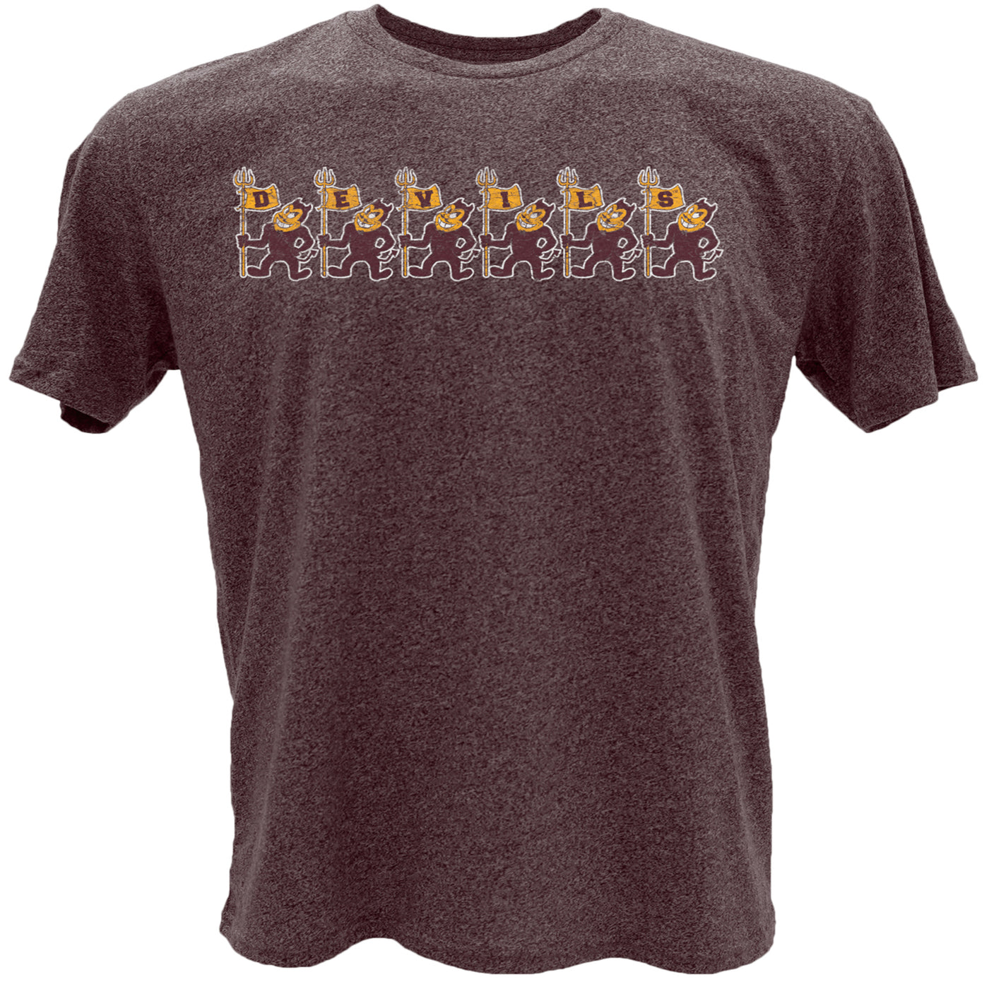 ASU maroon t shirt with a row of vintage sparky mascots that are each holding a flag with a letter that spells out 