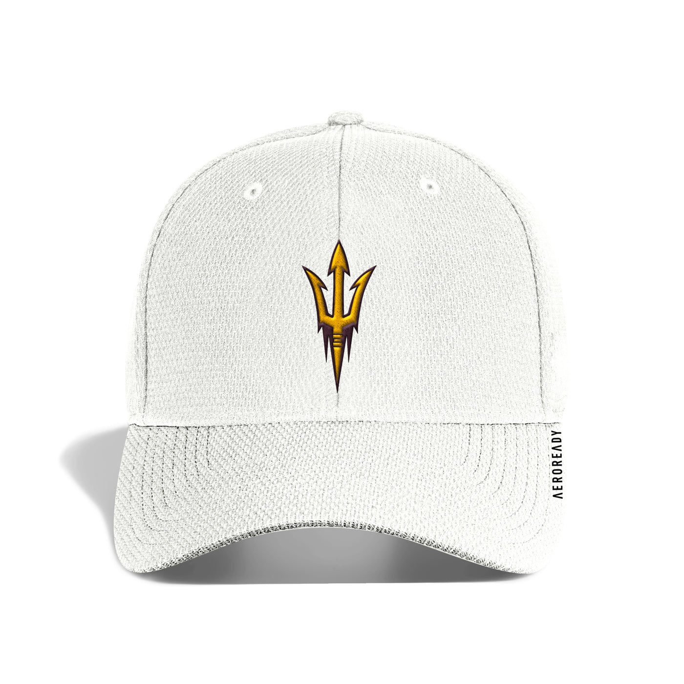 ASU white hat with curved bill and a pitchfork logo on front panel.