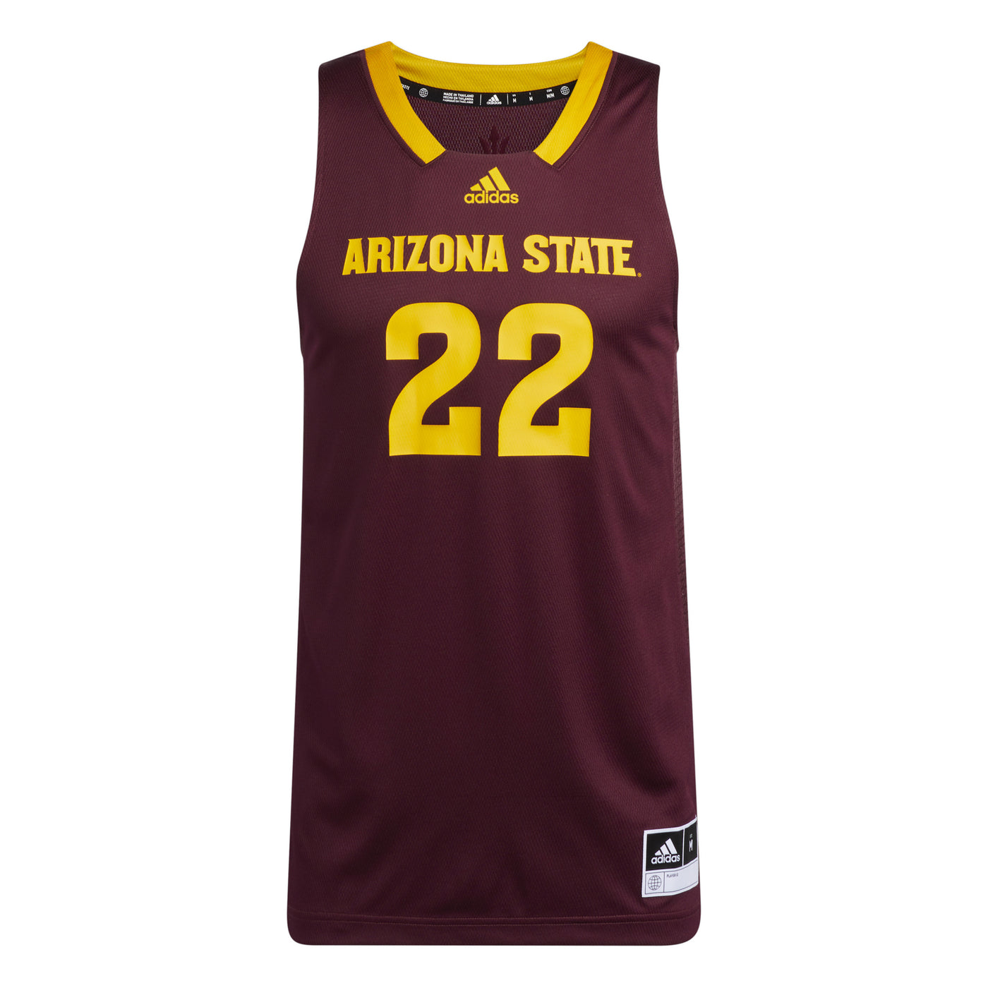 ASU maroon basketball jersey with gold trim on the neckline. The text 