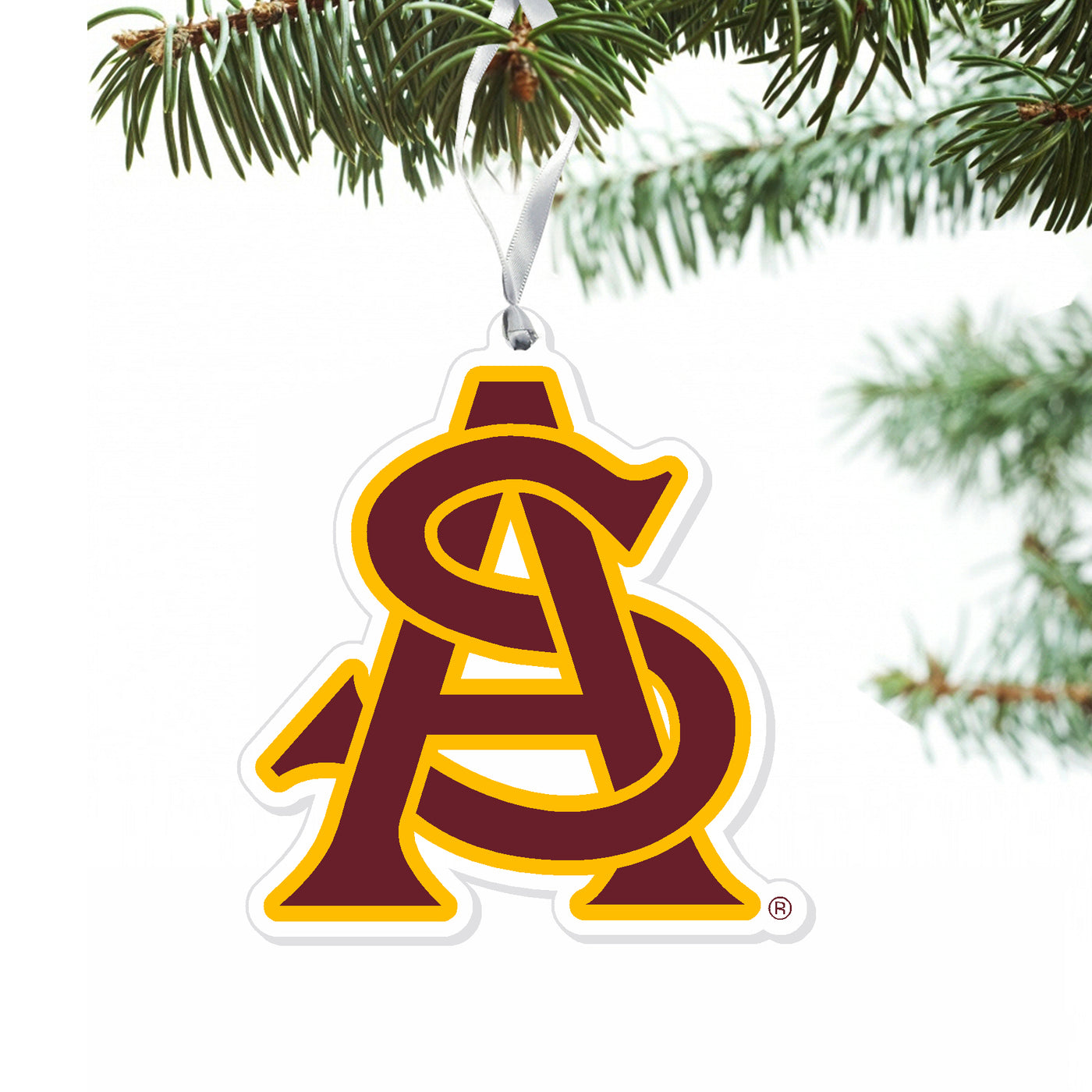 ASU gold and maroon acrylic ornament in the shape of the A&S interlocking logo. 