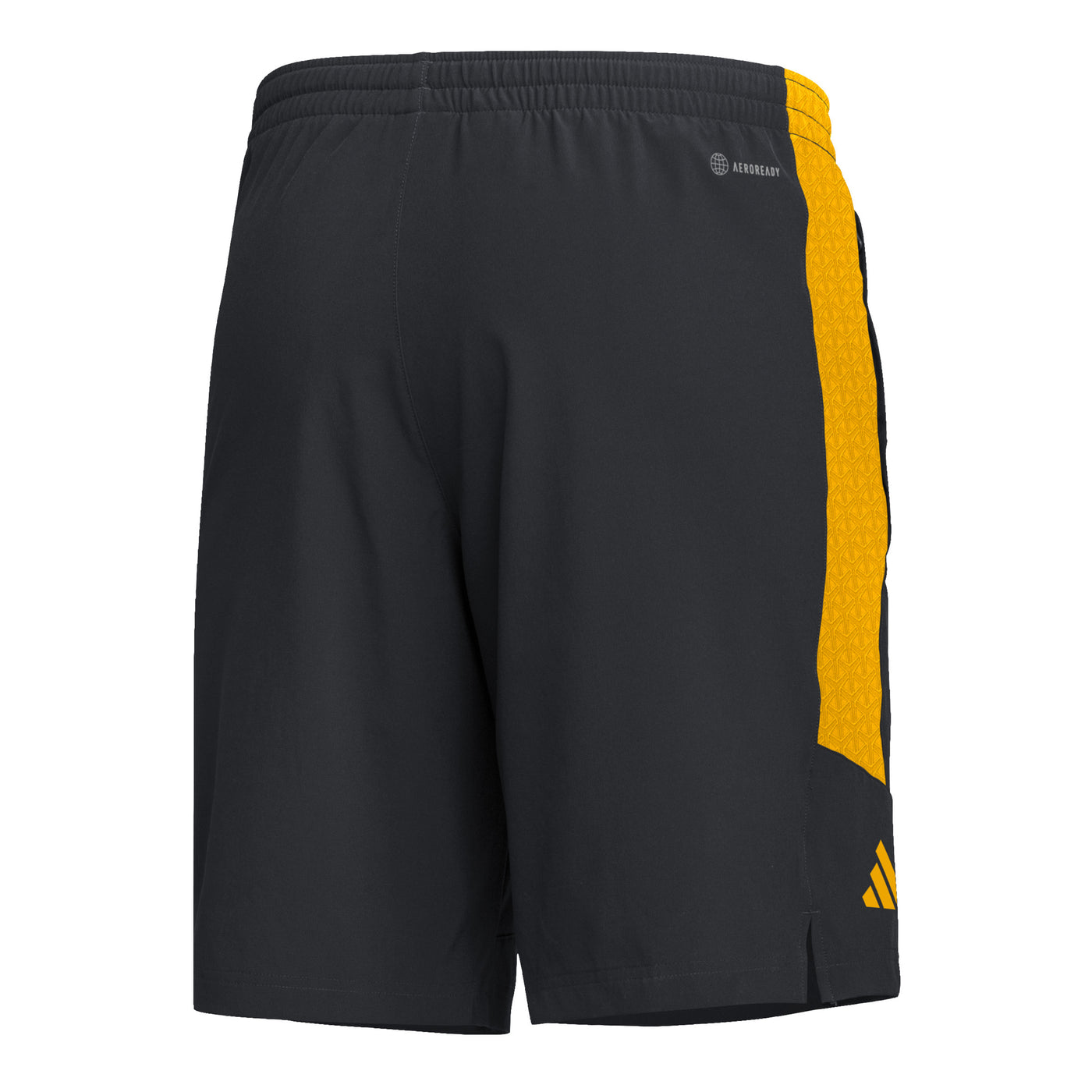 Backside of shorts including a gold adidas logo.