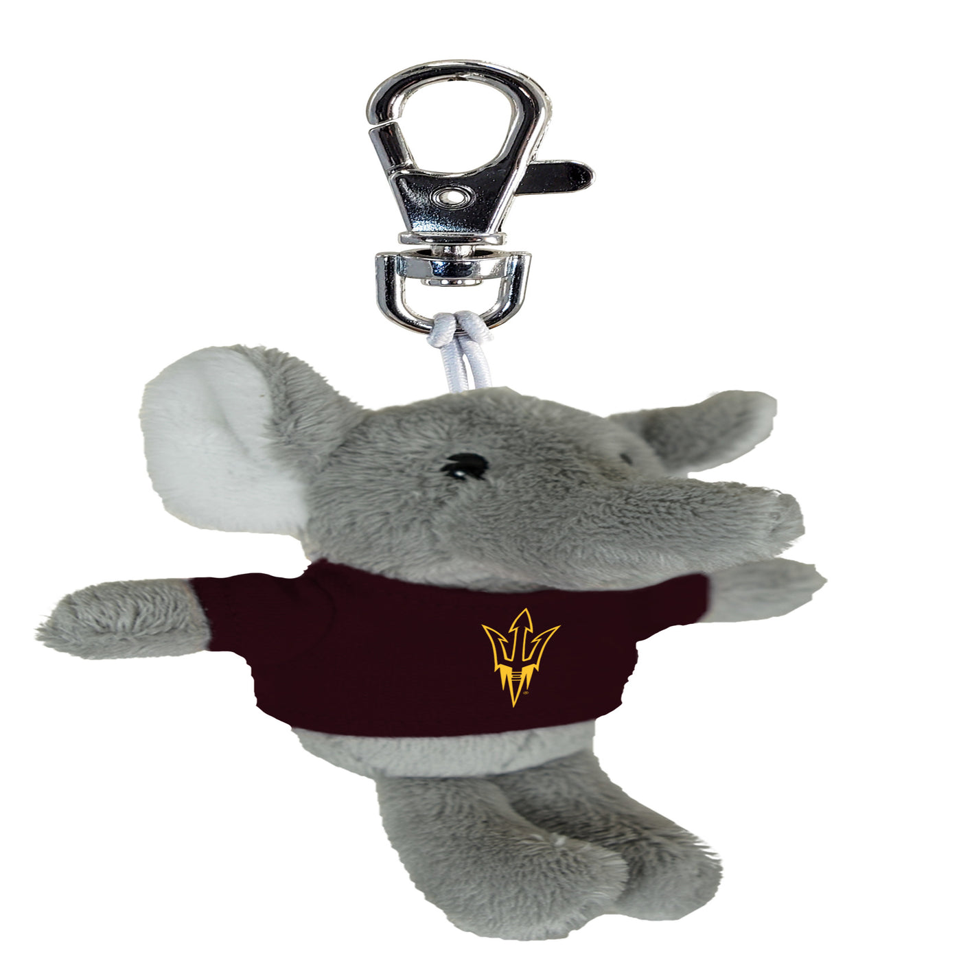 ASU Small stuffed grey elephant on a keychain. The Elephant is wearing a maroon shirt with the gold pitchfork logo . 