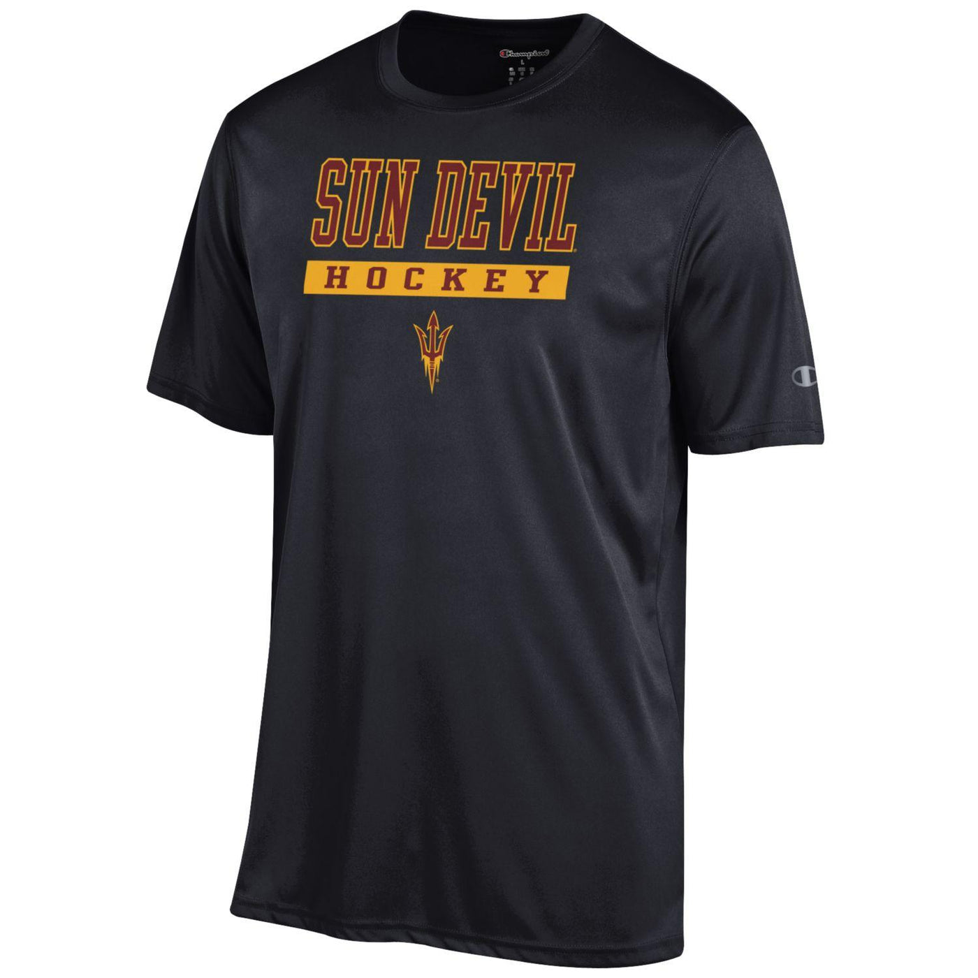 ASU black athletic tee with 'Sun Devil Hockey' lettering above a pitchfork