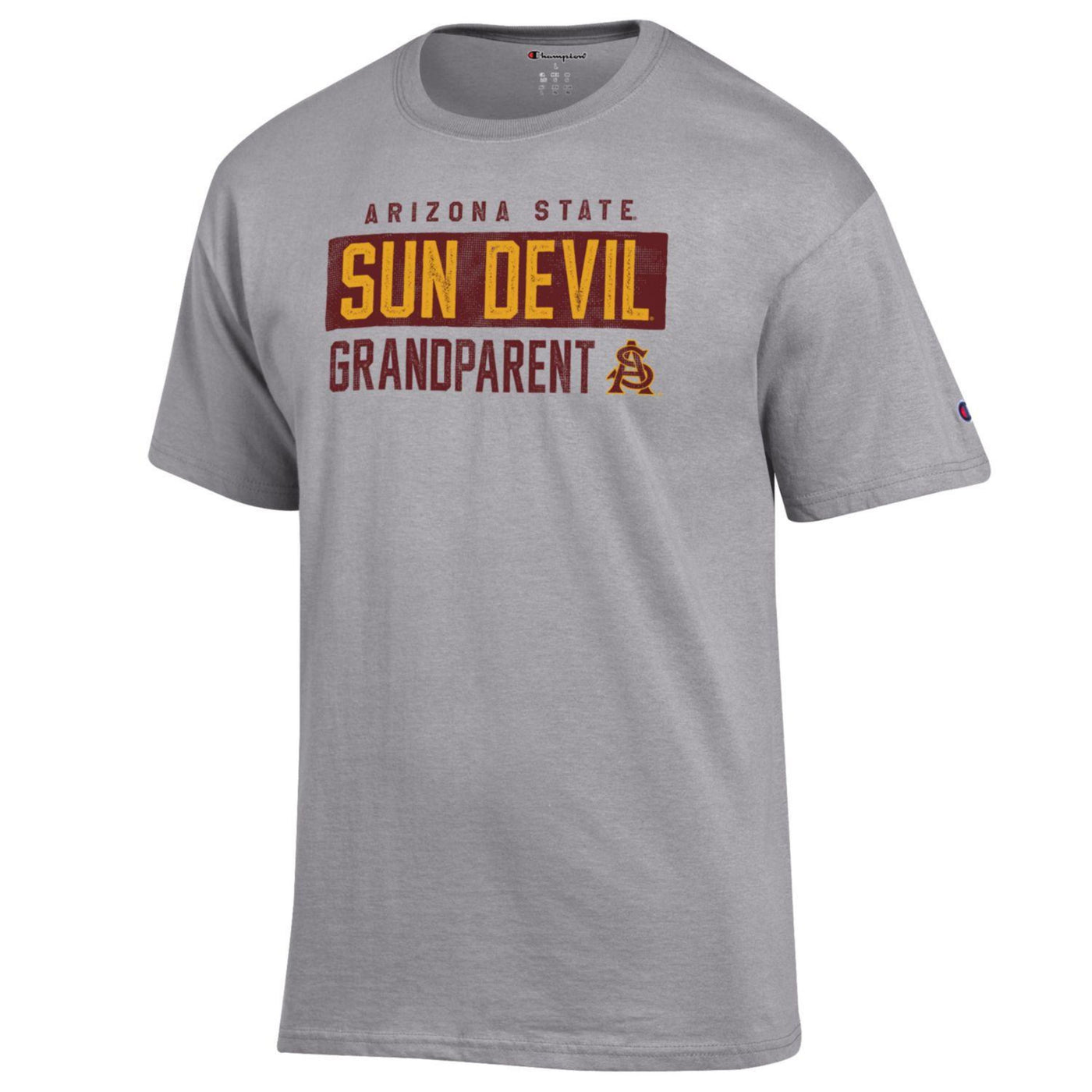 ASU gray Champion tee with 'Arizona State, Sun Devil, Grandparent' lettering next to an interlocking 'A' and 'S'