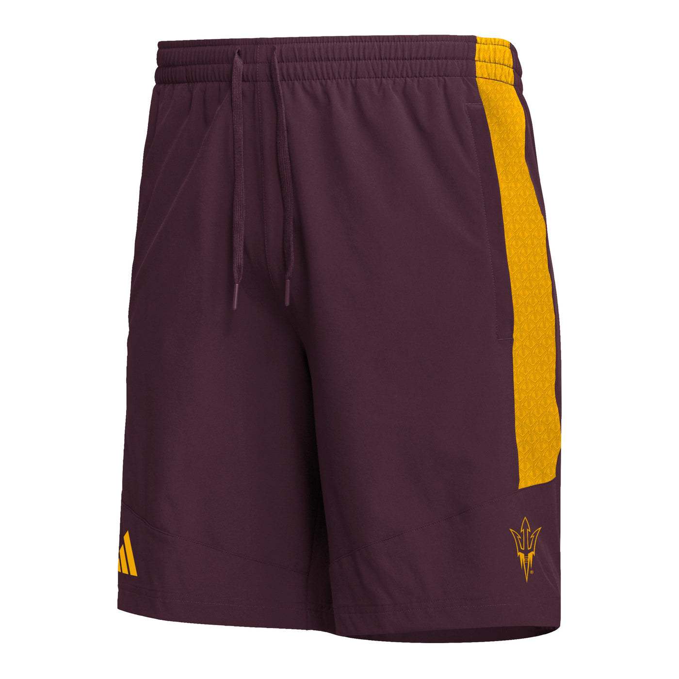 ASU maroon wind-breaker shorts with gold stipe down the side and a gold pitchfork logo