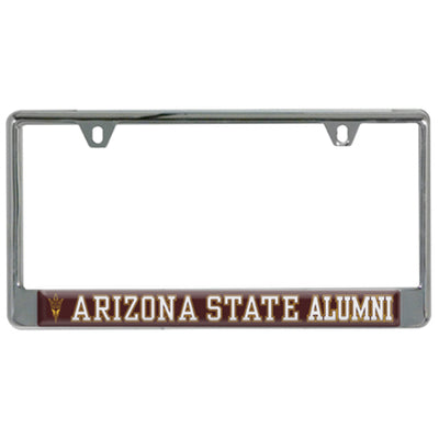 ASU silver license plate frame with maroon bar on bottom. On top of maroon section is a gold outline of a pitchfork and the text "Arizona State Alumni" in white with a gold outline