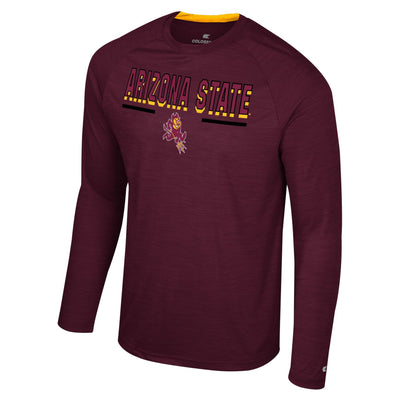 Asu maroon long sleeve shirt with the text "Arizona state" in maroon and outlined with black and gold to give a 3D effect underlined in back. Directly bellow the text is a small sparking mascot.