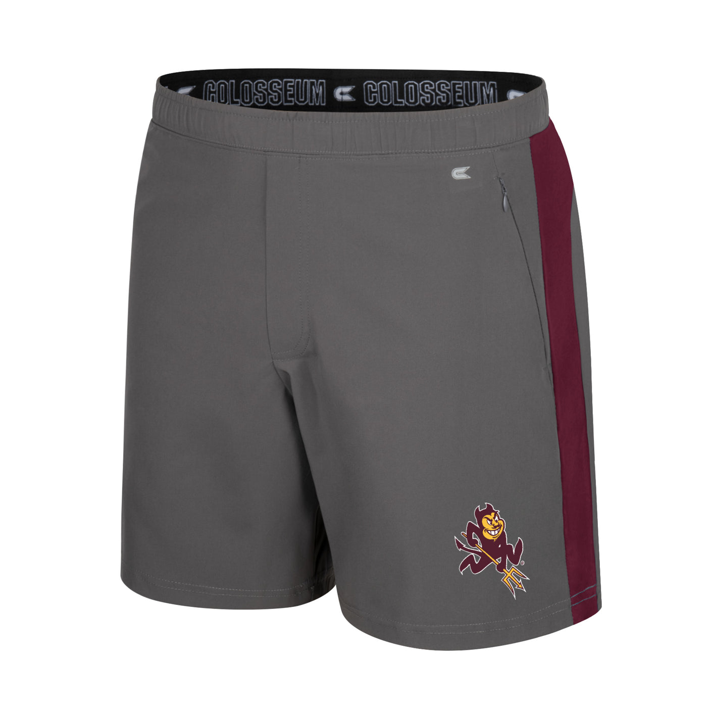 ASU gray shorts with maroon stripes on the side panel and a Sparky on the bottom left leg with zipper pockets
