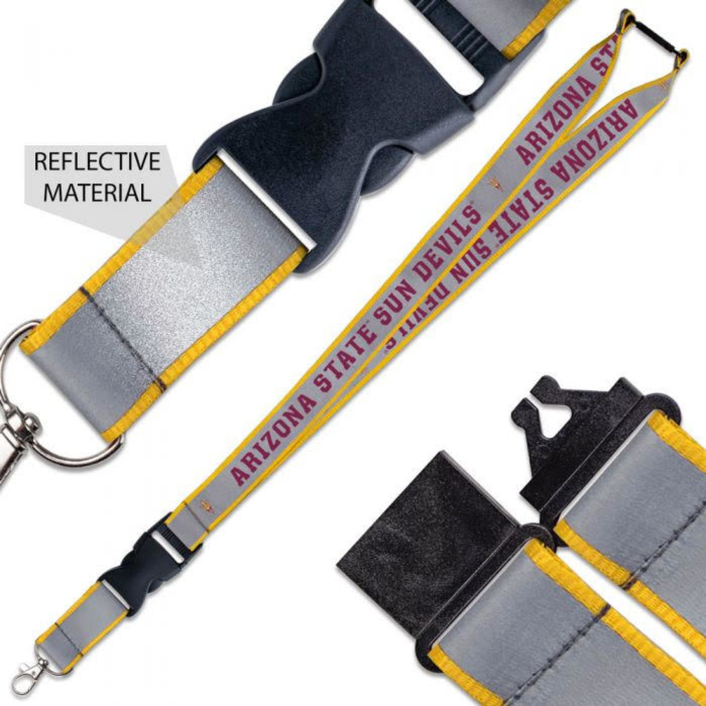 ASU reflective lanyard with yellow edging. Includes arizona state sun devils with pitchforks repeated. Also shows both claps of the lanyard. 