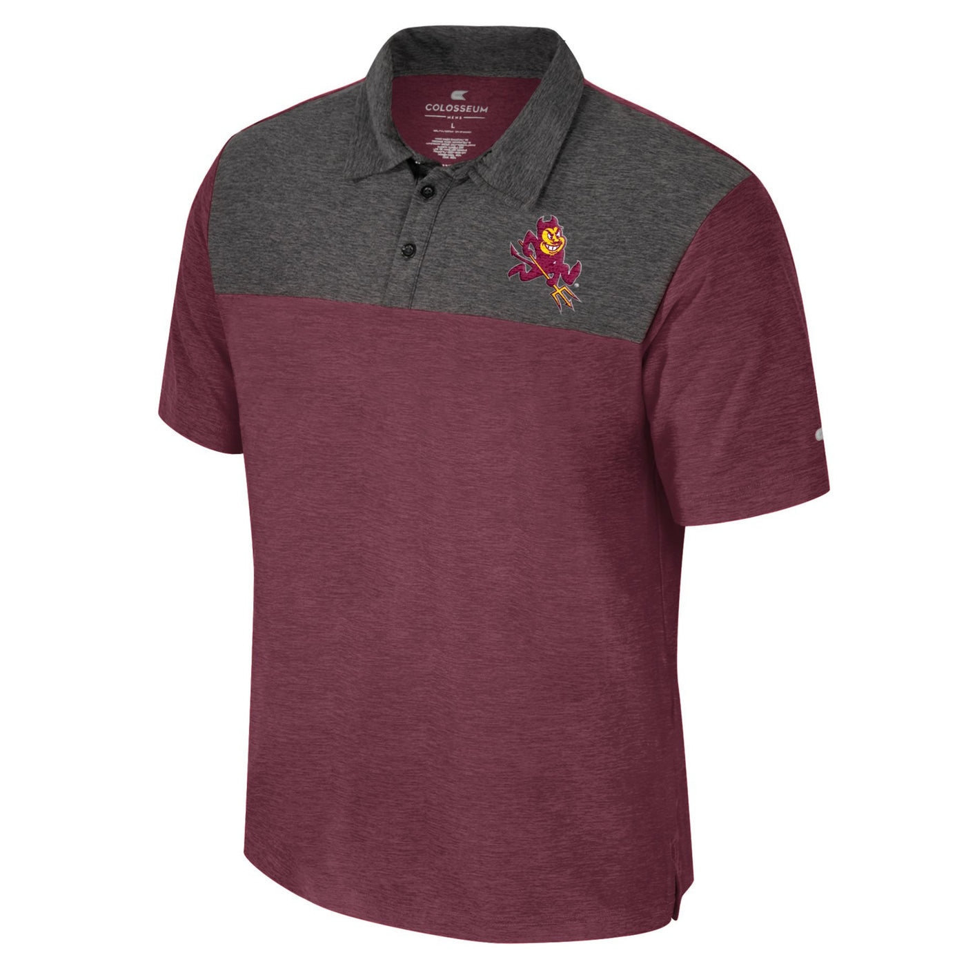 ASU maroon and grey polo. maroon on arms and stomach area and grey on chest and shoulder. Small sparky mascot on side of chest.
