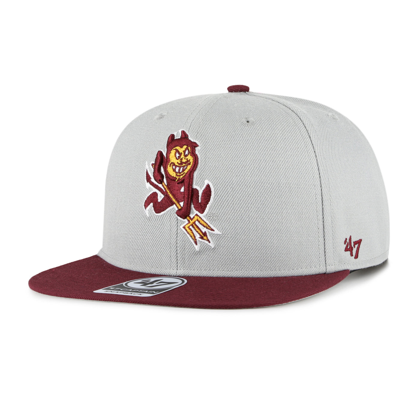 ASU grey flat-bill hat. The bill is maroon and features a embroidered Sparky logo on the front.  