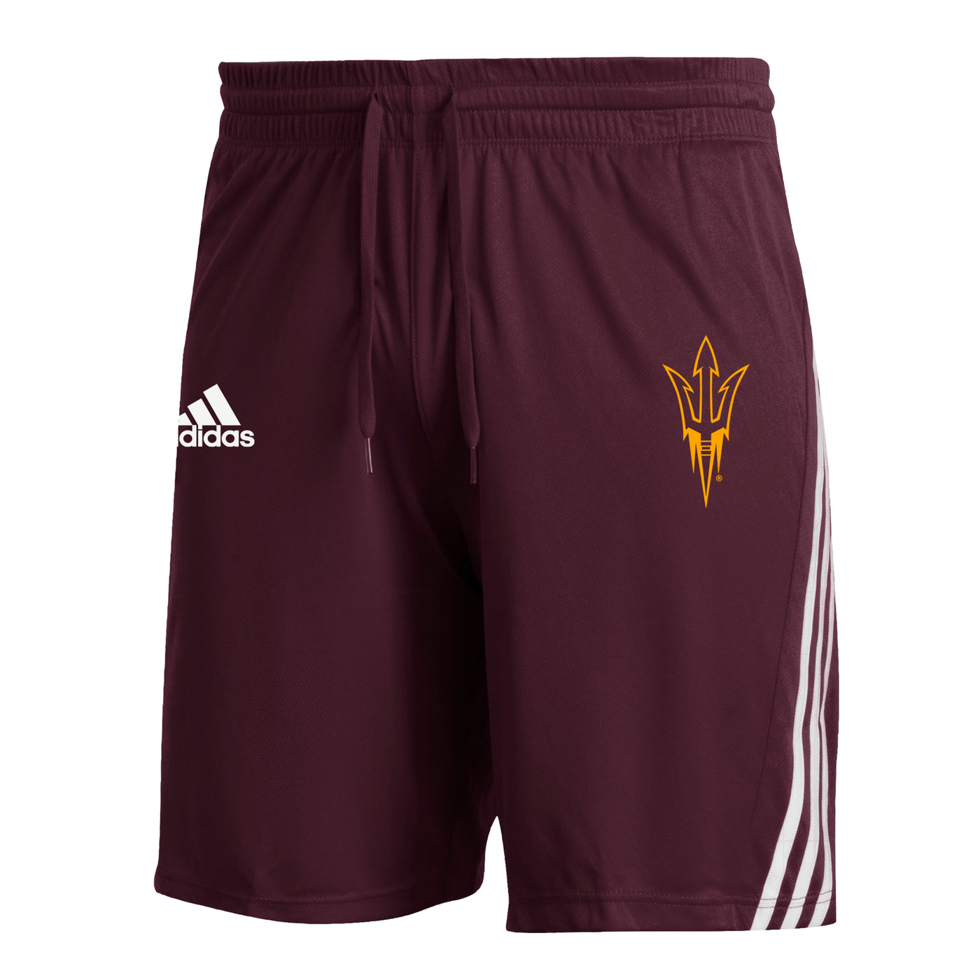 ASU maroon men's shorts with 3 diagonal white stripes on the sides with a gold pitchfork outline printed on the upper thigh