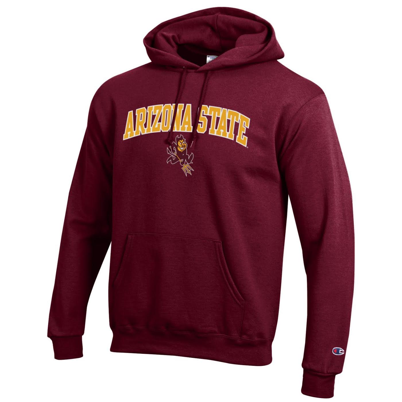 ASU maroon Champion hoody with single front pocket and 'Arizona State' arched over Sparky