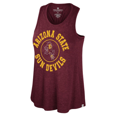 ASU maroon tank with gold text "Arizona state sun devils" surrounding a thin gold circle. inside of the circle is a  sparky mascot