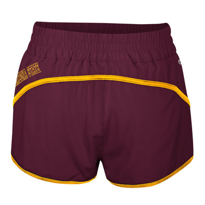 Back side on ASU maroon women shorts with the gold outline of the text "arizona State"  on the hip.