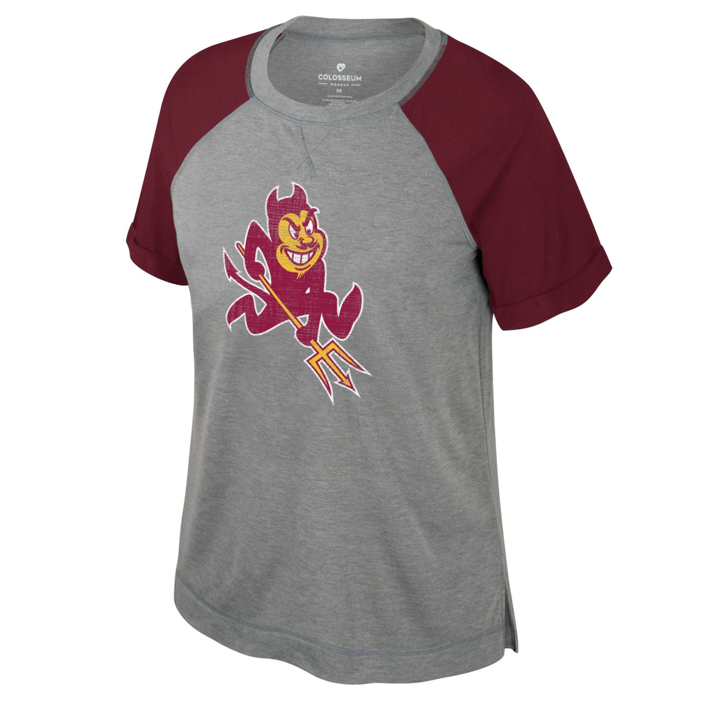 ASU grey ladies short sleeve tee with maroon sleeves and a sparky mascot on the front.