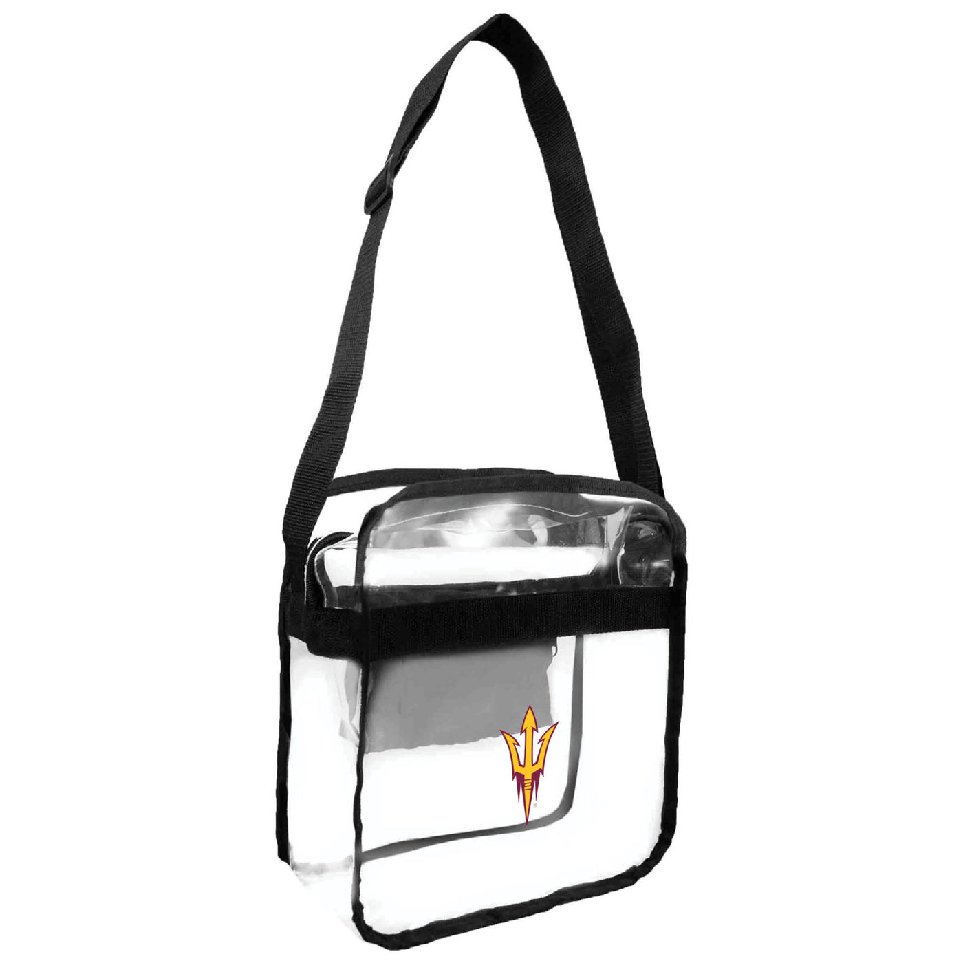 ASU Clear square shaped zip up bag with rounded edges. Trimmed in black with a black strap. On the bag is a gold pitchfork logo outlined in maroon.