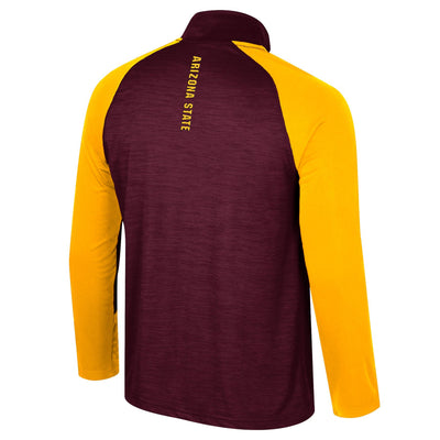 Backside of ASU maroon 1/4 zip with the gold vertical text "Arizona State" below the neckline.