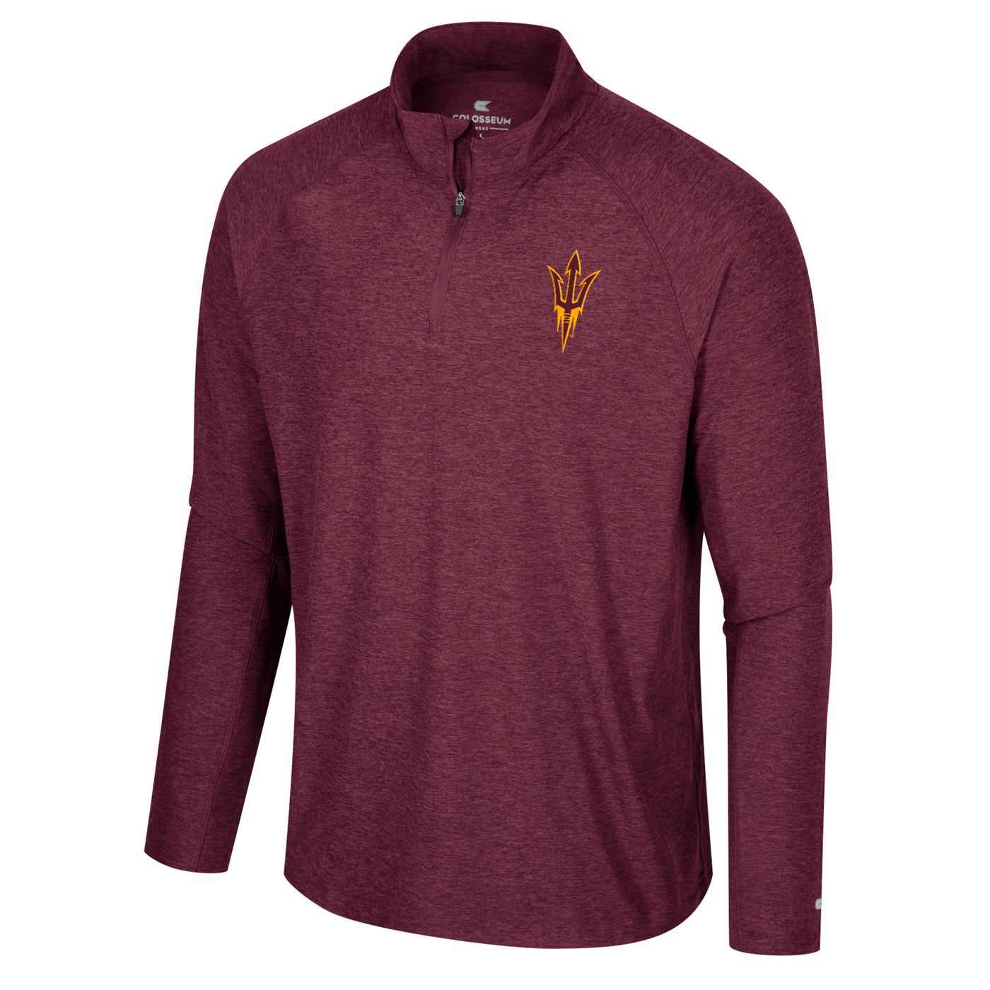 ASU maroon 1/4 zip with small gold outline of a pitchfork on one side of the chest.