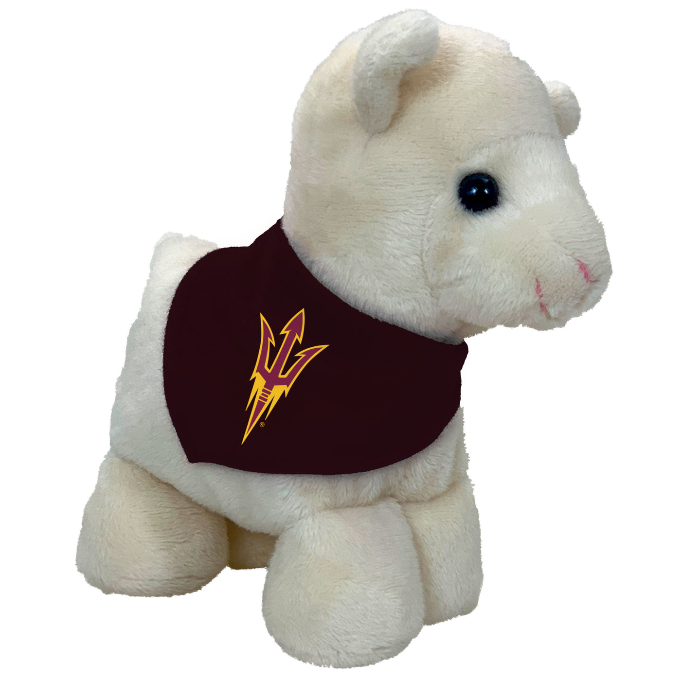 ASu cream colored llama with maroon ascot with a pitchfork on it