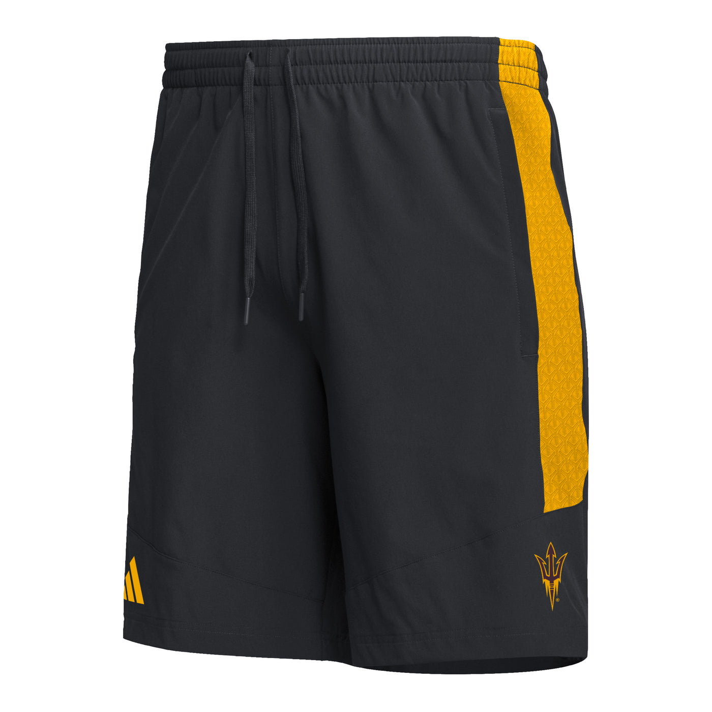 ASU black wind-breaker shorts with gold stipe down the side and a gold pitchfork logo