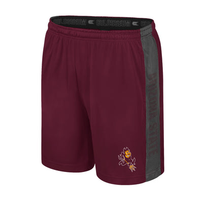 ASU maroon mens shorts with a small sparky logo at the bottom. Down the side is a mesh material overlapping the maroon text "Arizona State".