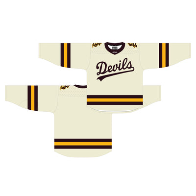 computer renderings of ASU cream colored hockey jersey with maroon and gold stripes on the arms and the waist line. The text "Devils" is in cursize on the front with the text extending to underline with word. there is also an interlocking A&S logo on each shoulder in maroon outlined in gold.