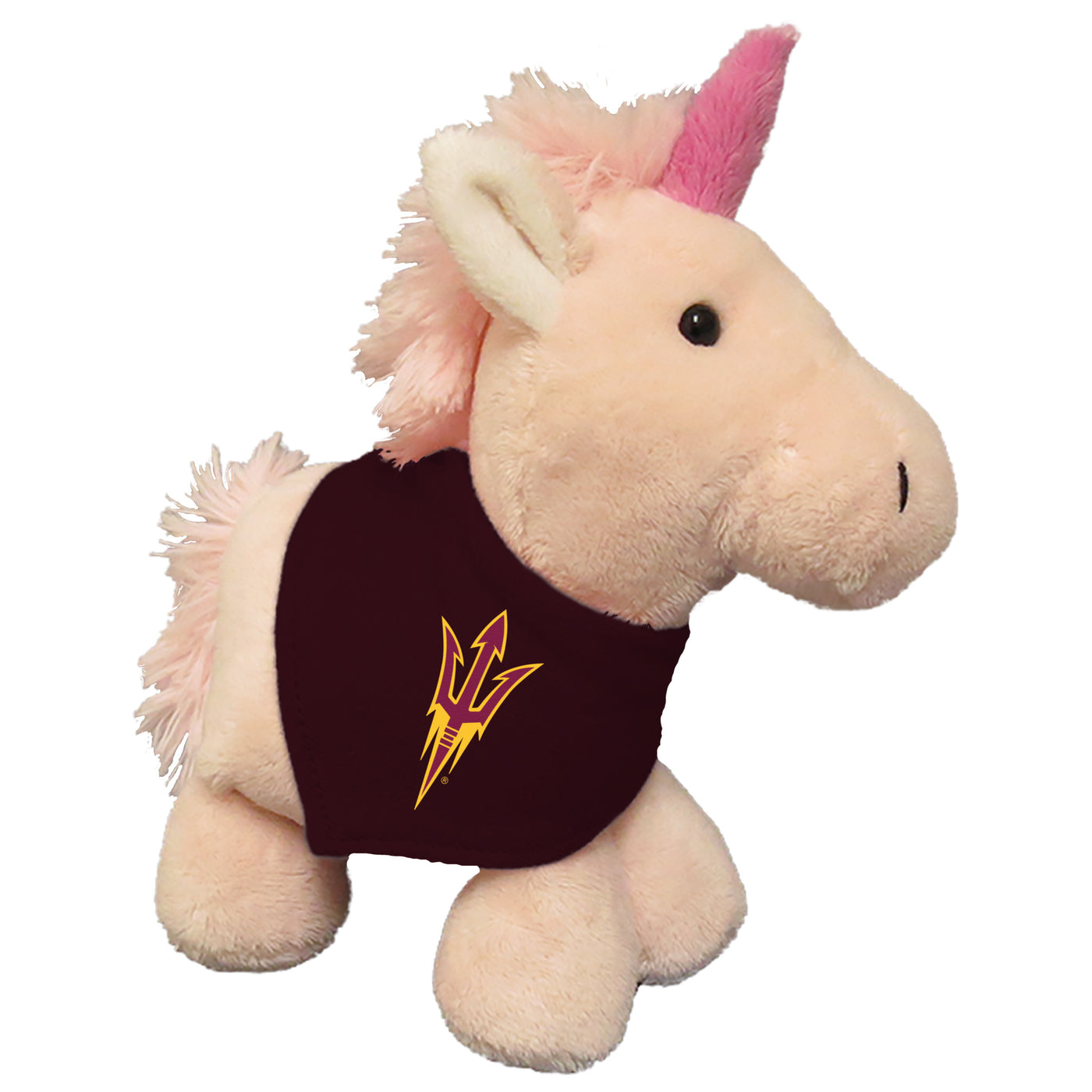 ASU Stuffed pink unicorn with a brighter pink horn. Wearing a maroon bandanna around its neck featuring the pitchfork logo. 
