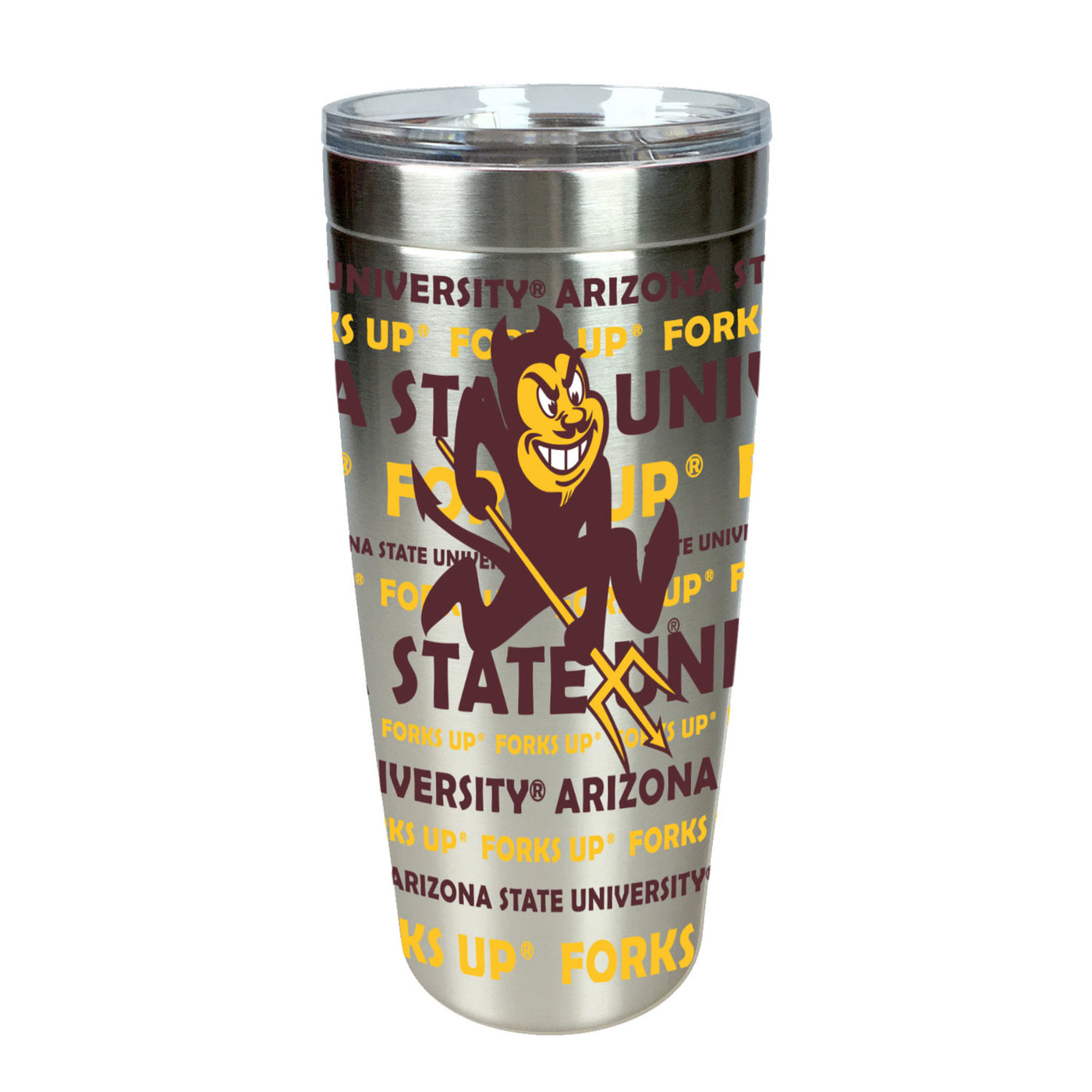 ASU 20 ounce Sliver tumbler with clear lid. Features University of Arizona State and Forks Ups text repeatedly. Includes Sparky logo front and center. 