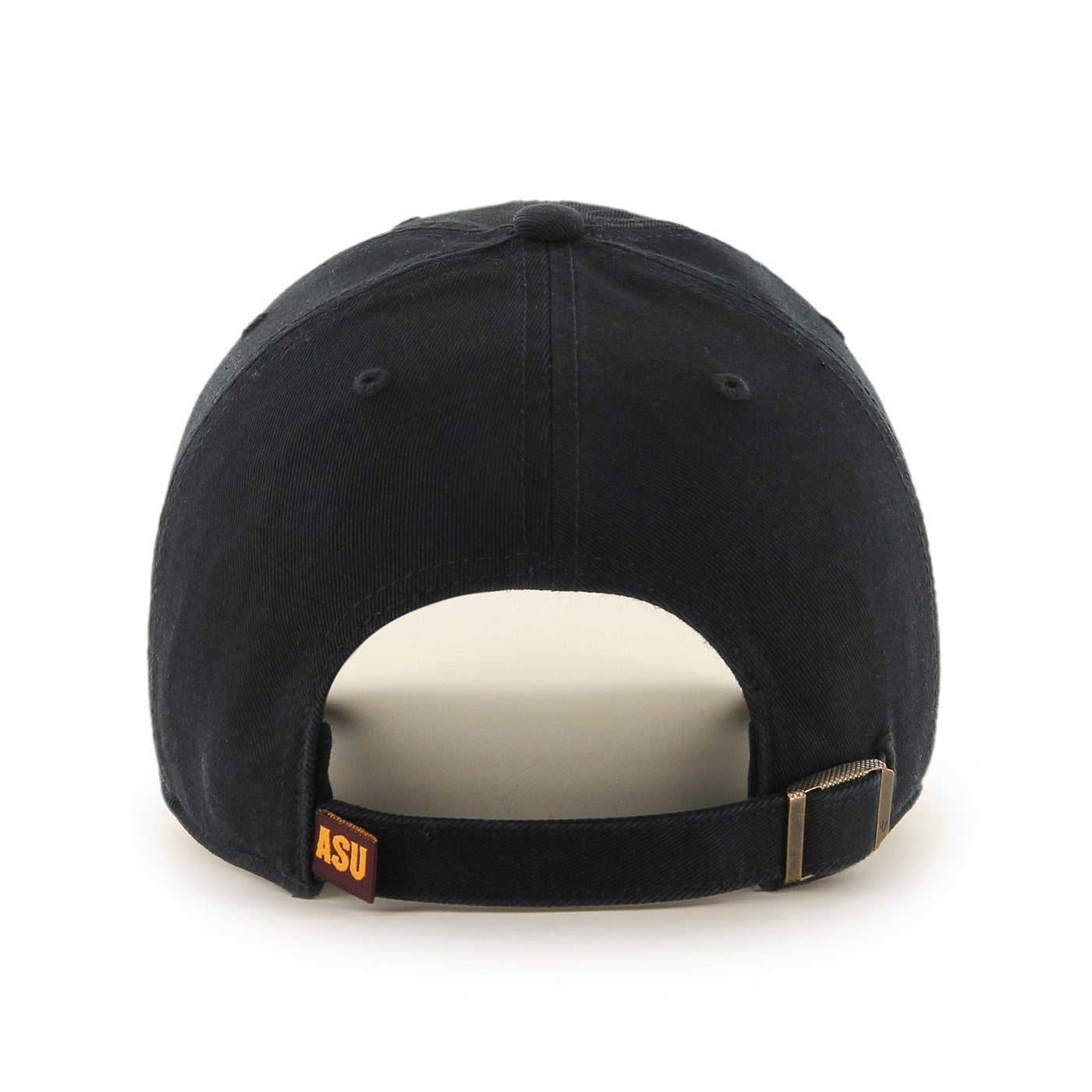 Back view of black adjustable hat with maroon tag on strap saying 'ASU'