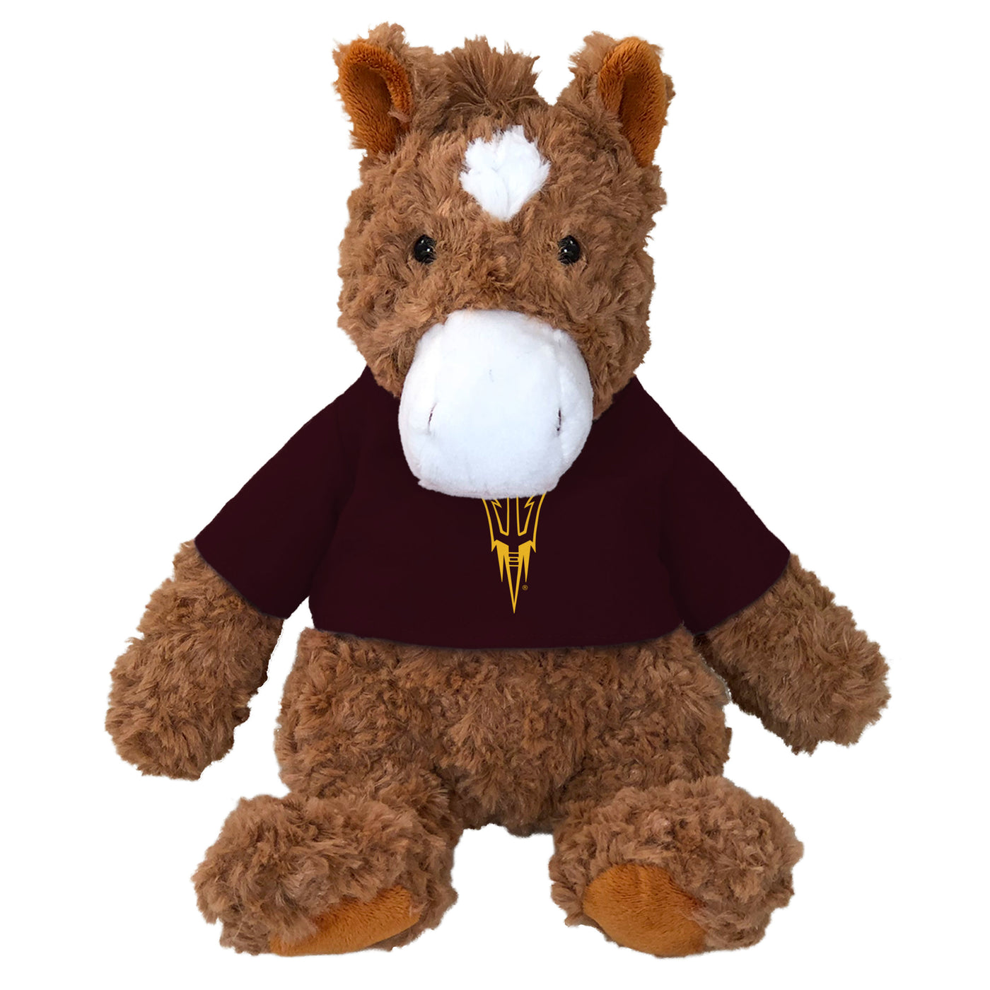 ASU Stuffed brown and white horse. Horse is wearing a maroon shirt with gold pitchfork outline. 