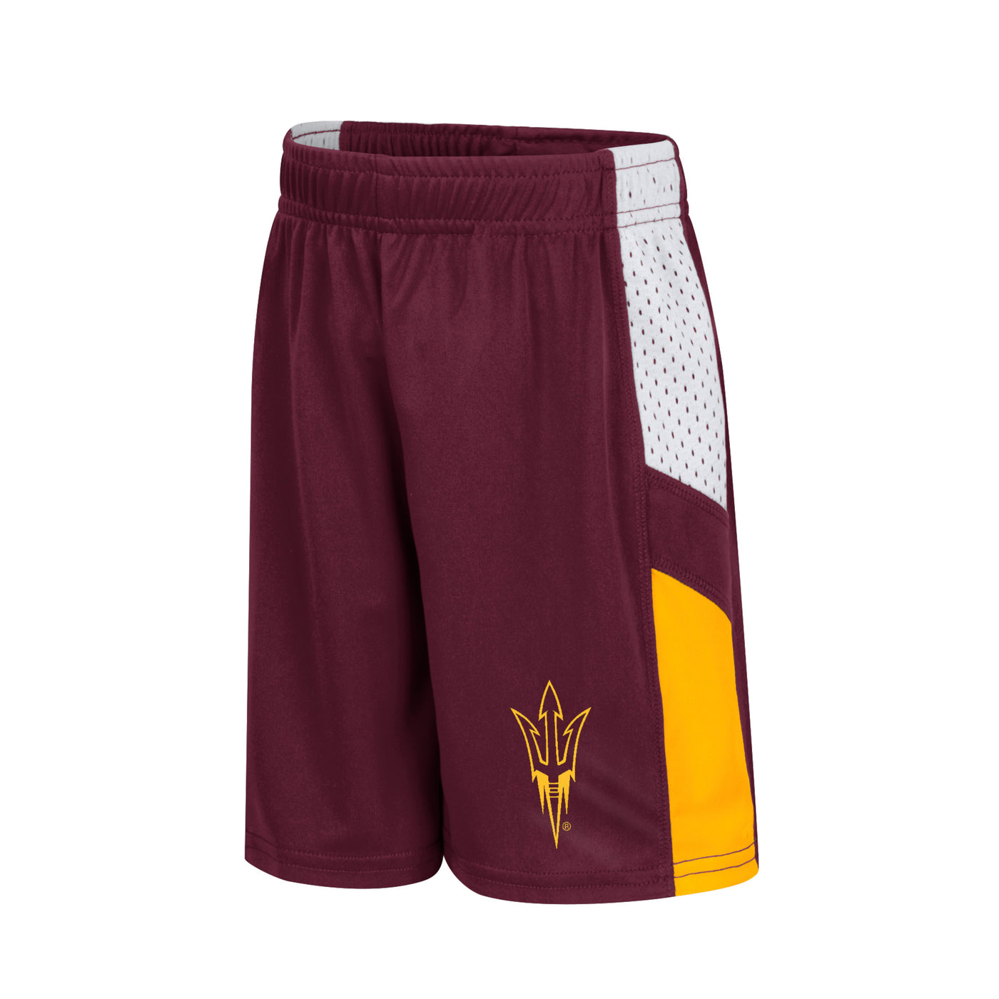ASU maroon toddler shorts. Side panels are white mesh at the top, a diagonal maroon stripe, and gold on the bottom. On the front at bottom of the left leg is a gold pitchfork outline.  