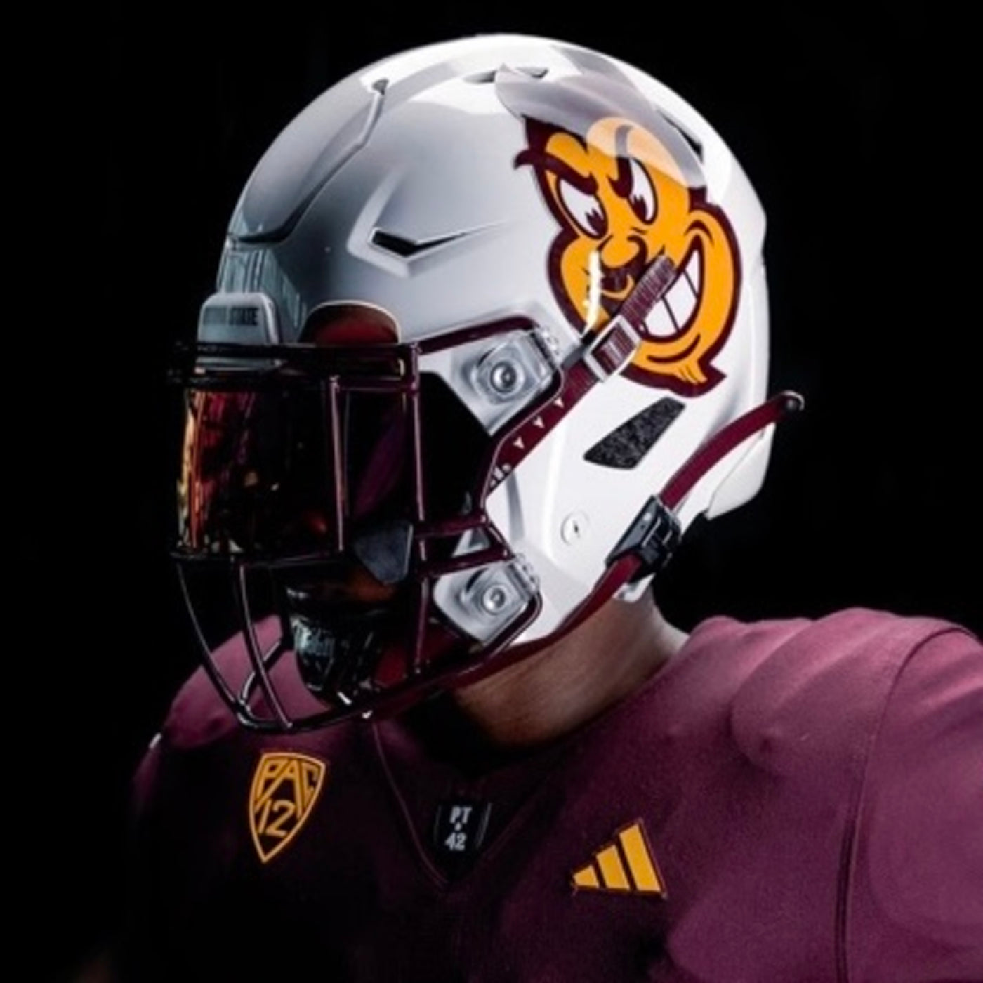 ASU white mini helmet with a large sparky mascot face on the side