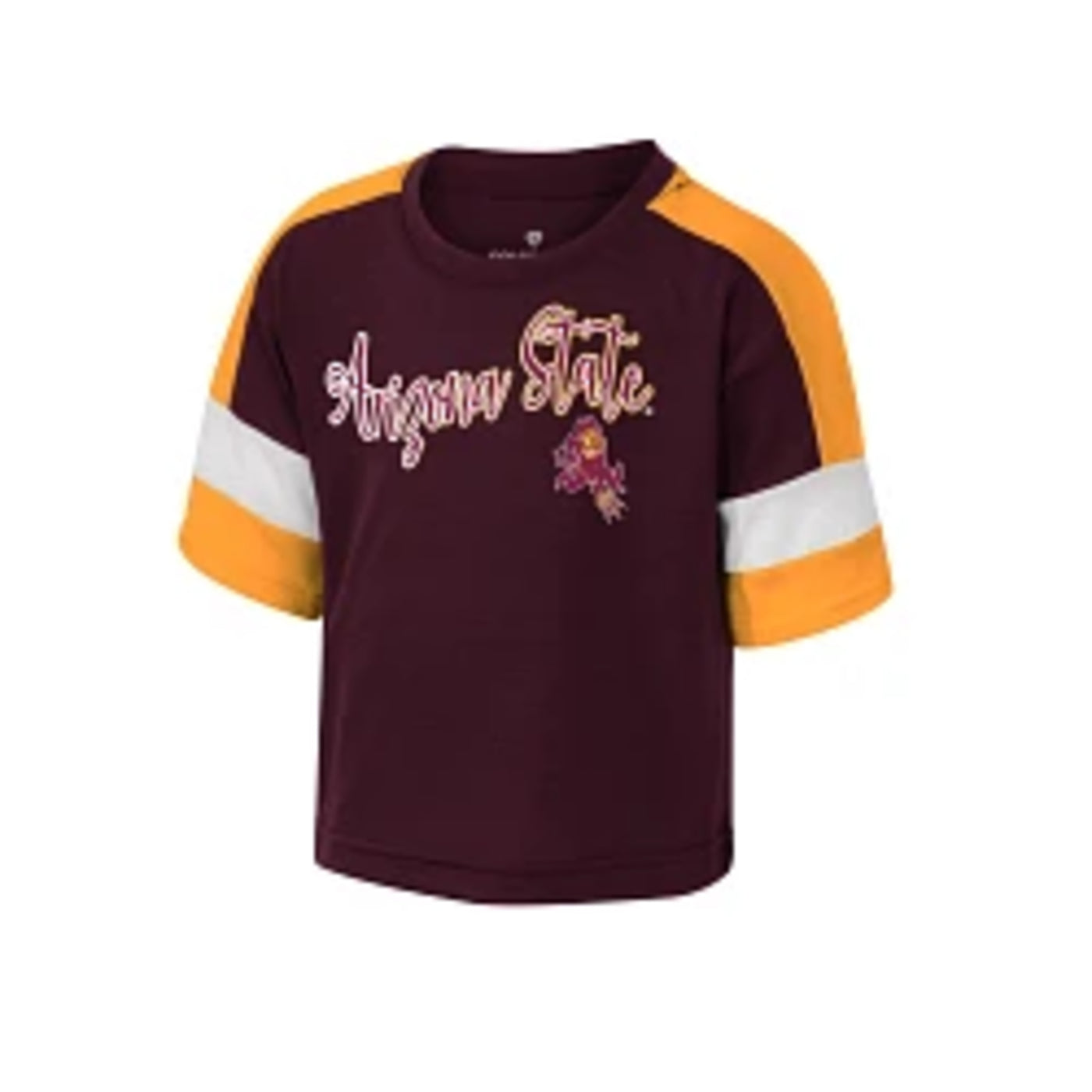 ASU maroon youth girls shirt with the cursive text 