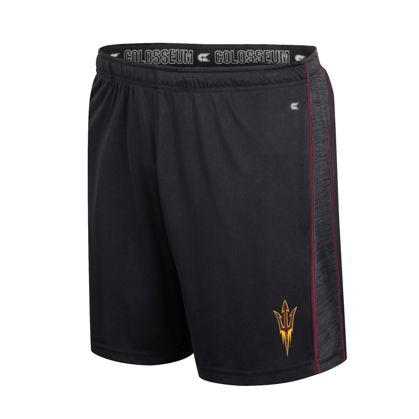 ASU black athletic shorts with maroon trimming and a heather gray side panel. On the front of the left leg is a pitchfork logo in maroon and outlined in gold. 
