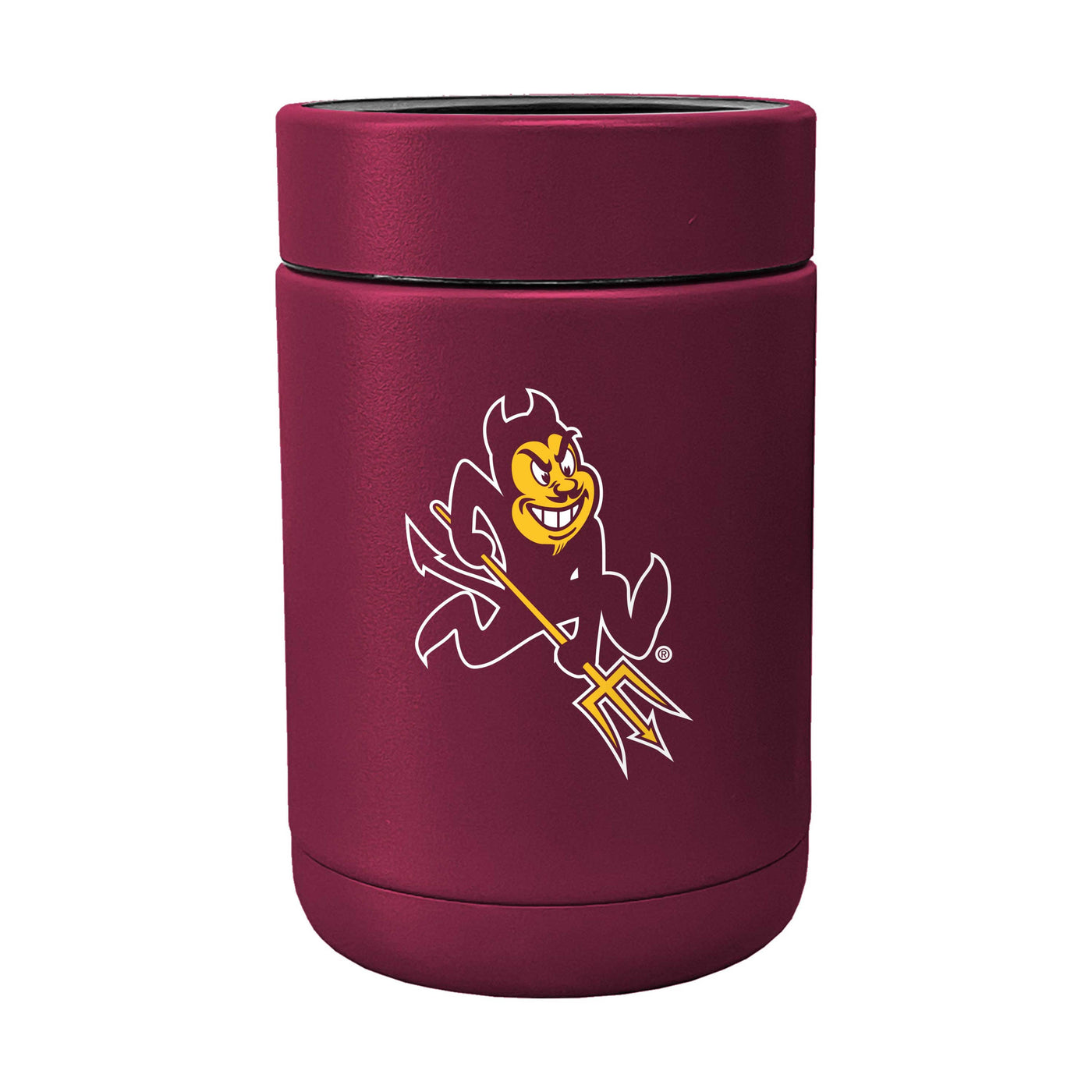 ASU short maroon can coolie with the mascot 
